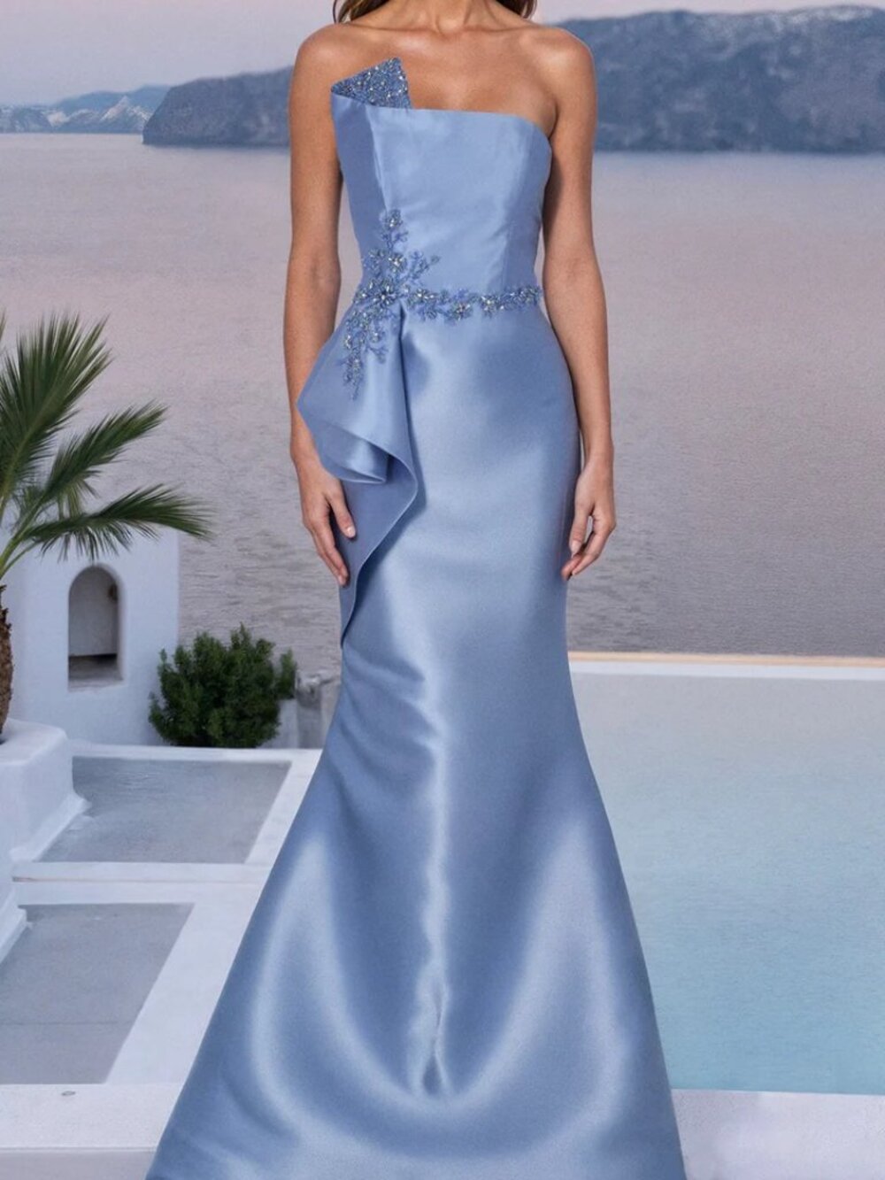 NWT Terani Couture 261M6462 Strpless Beaded Applique Prom Dress Slate size 14